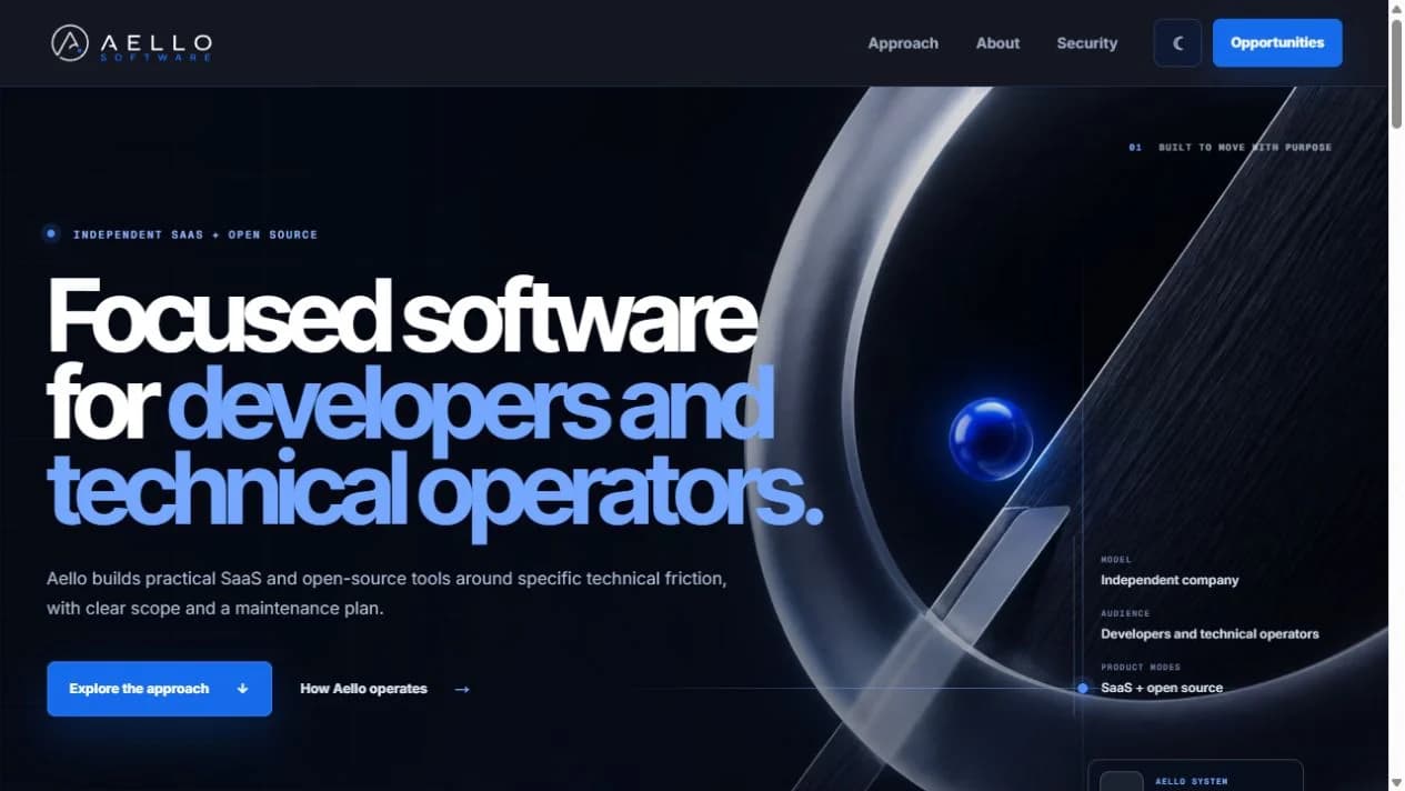 Aello Software homepage introducing Cameron Low’s independent software products and services.