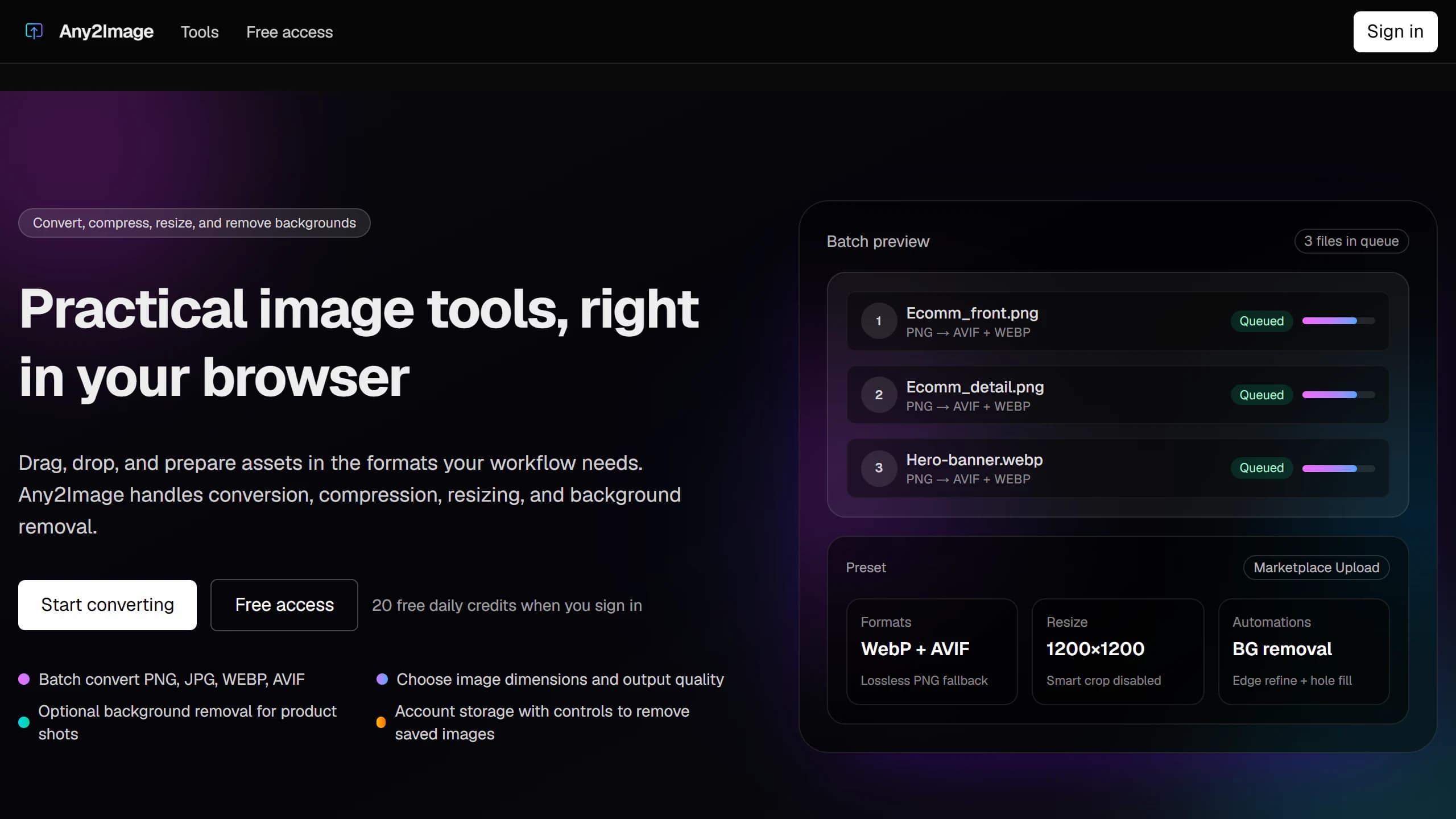 Any2Image homepage describing free image conversion tools, saved account files and a sample batch preview.