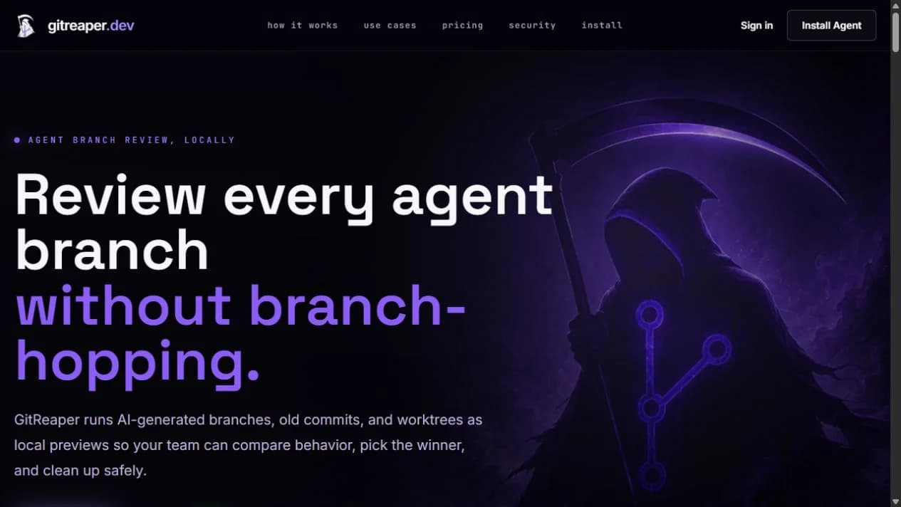 GitReaper homepage introducing local previews of agent branches and its separate Cloud service.