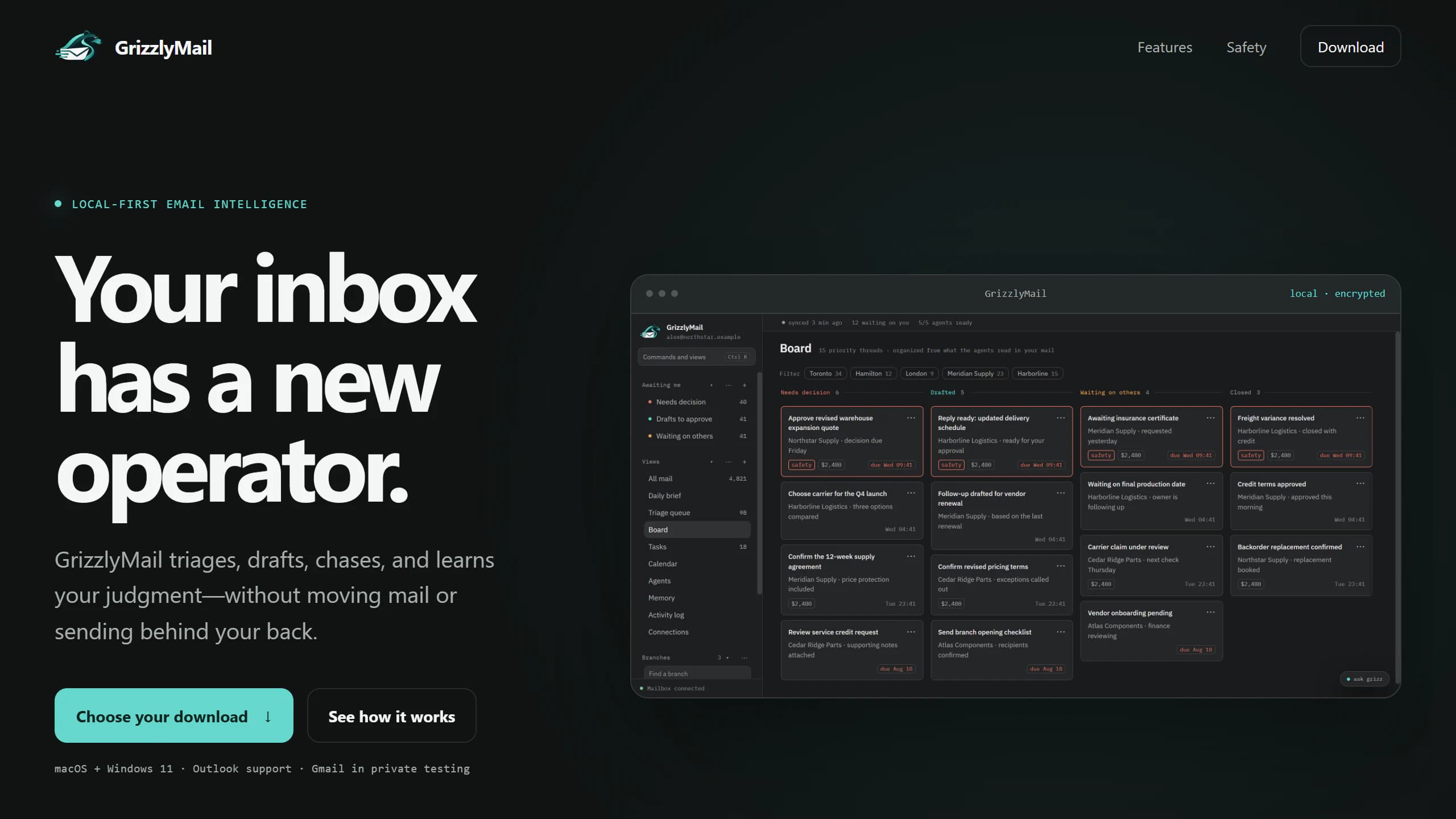 GrizzlyMail public website showing download availability and a desktop board preview.
