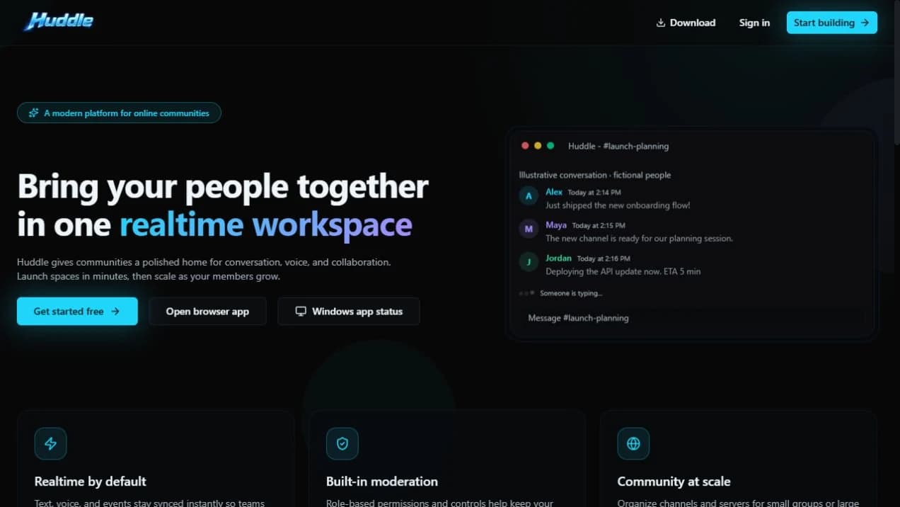 Huddle browser-app homepage with a fictional community conversation and Windows availability link.