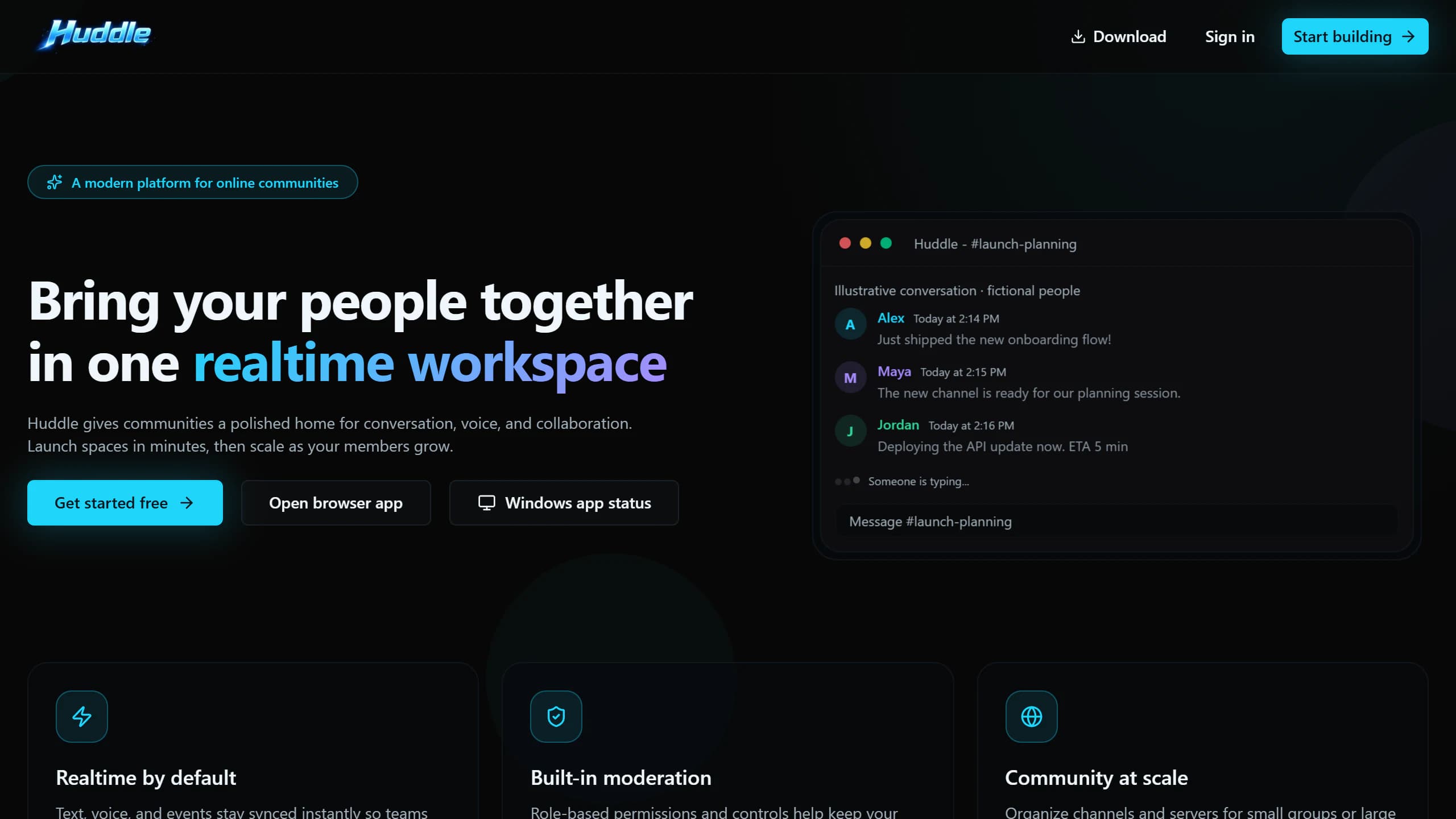 Huddle browser-app homepage with a fictional community conversation and Windows availability link.