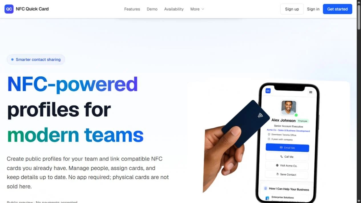NFC Quick Card public-preview homepage showing a sample public profile and compatible-card sharing.