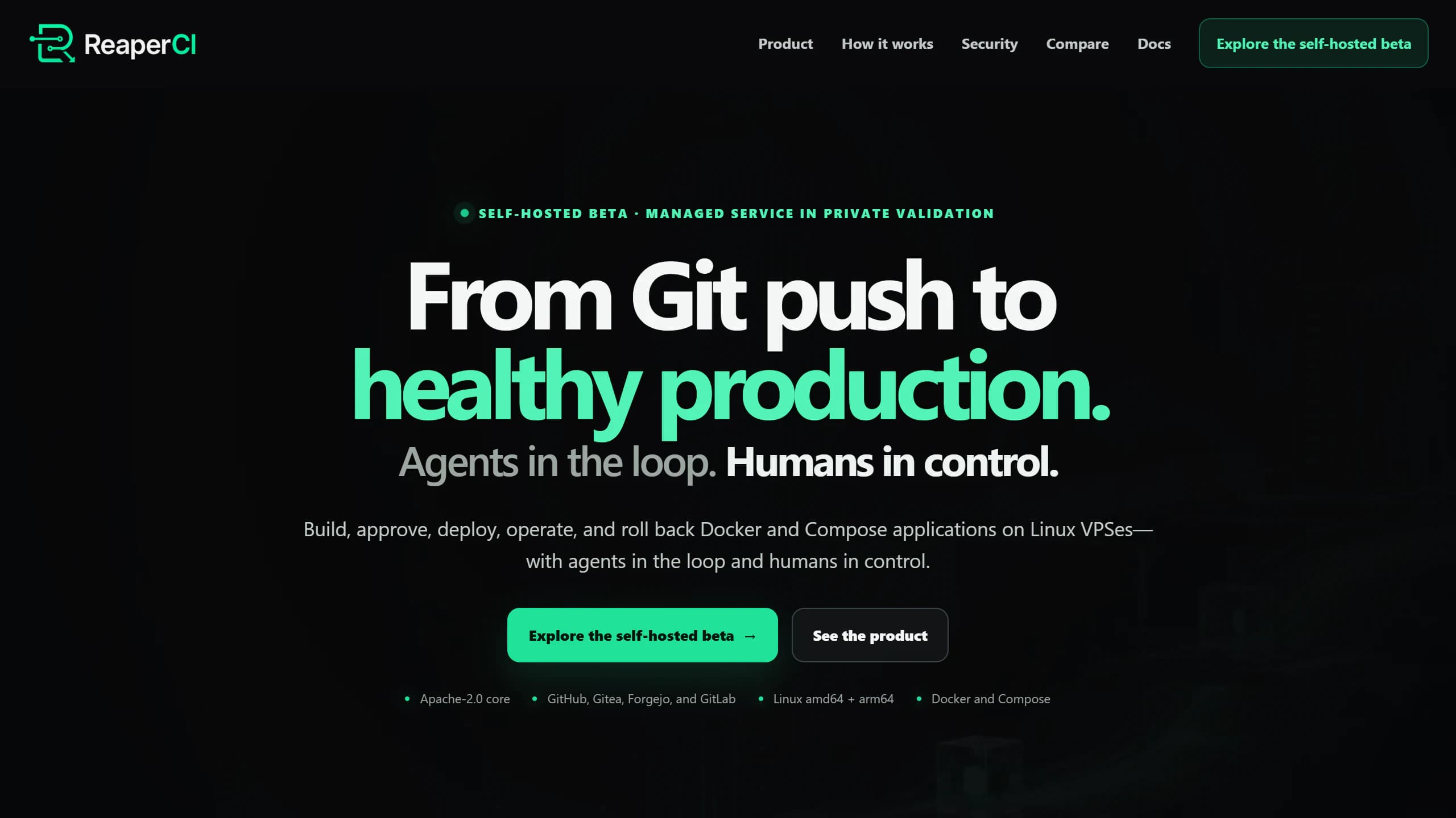 ReaperCI homepage identifying the self-hosted beta and private managed-service validation.