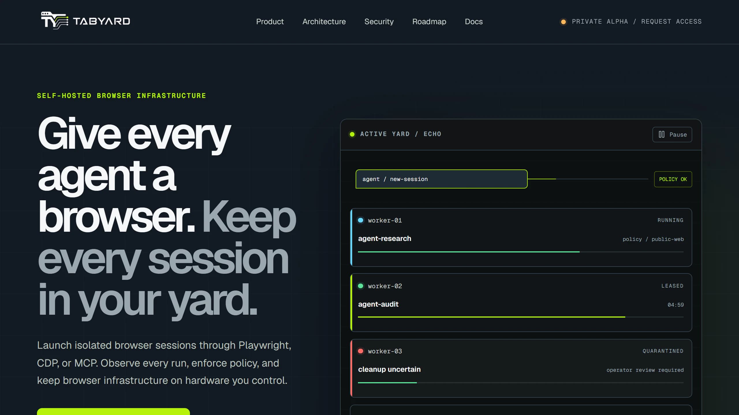 Tabyard private-alpha homepage showing isolated browser sessions and policy controls for AI agents.