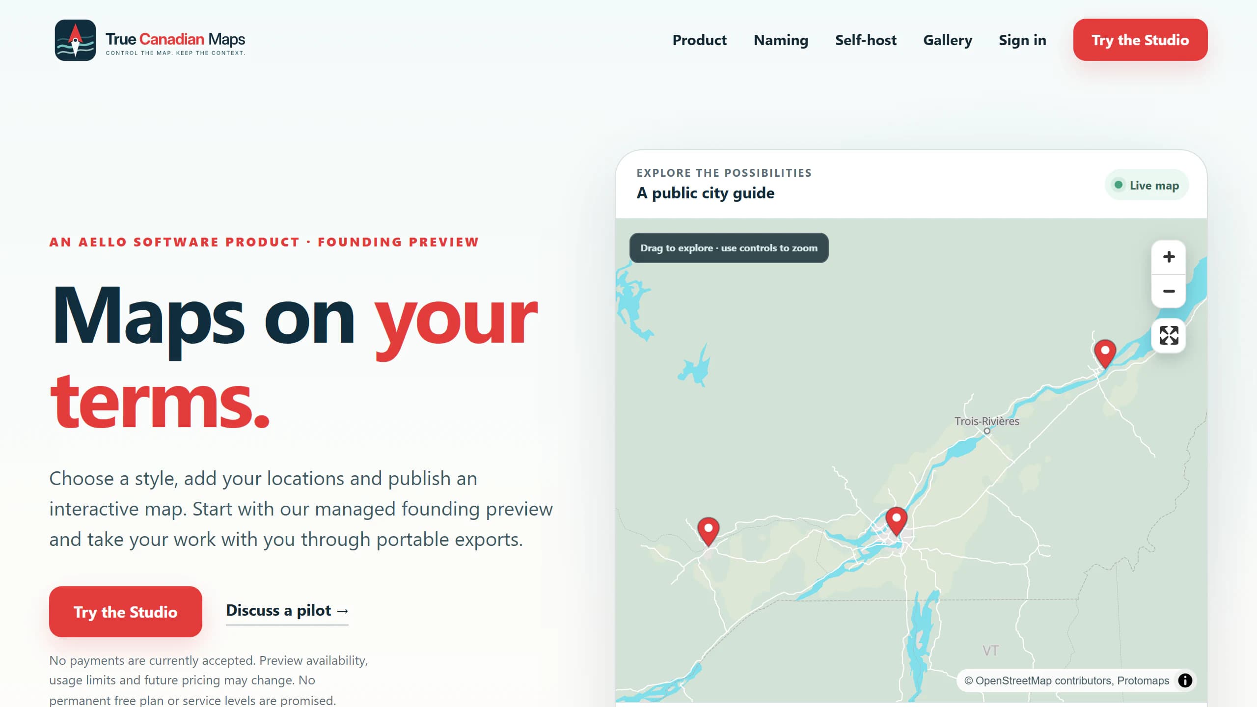 True Canadian Maps founding-preview homepage with an interactive public map of Canadian cities.