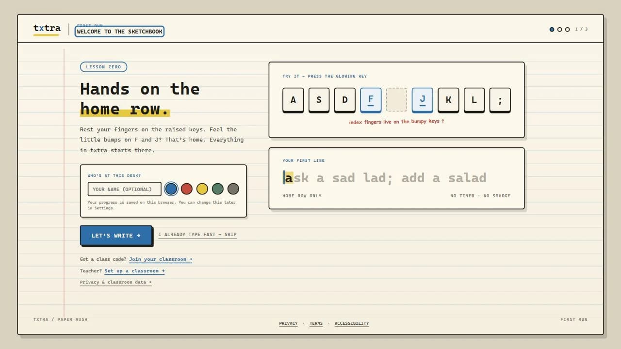 Txtra first-run sketchbook introducing home-row typing, an optional browser profile and classroom options.