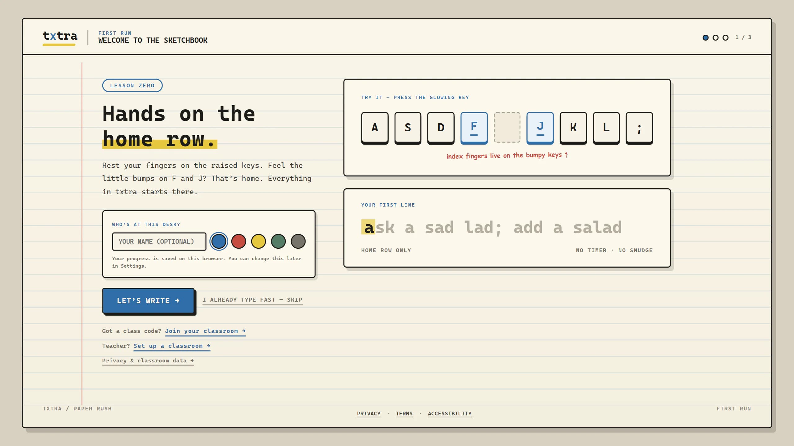 Txtra first-run sketchbook introducing home-row typing, an optional browser profile and classroom options.
