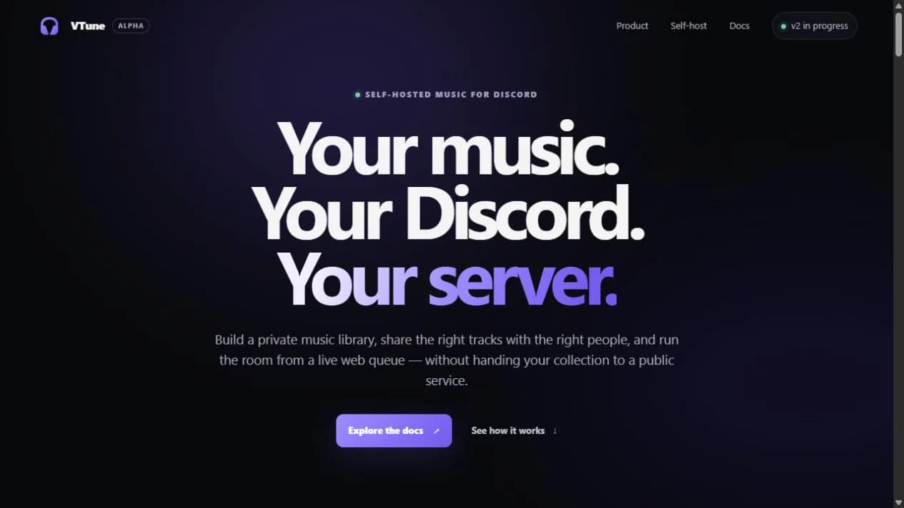 VTune public website introducing private music libraries for Discord and its alpha status.