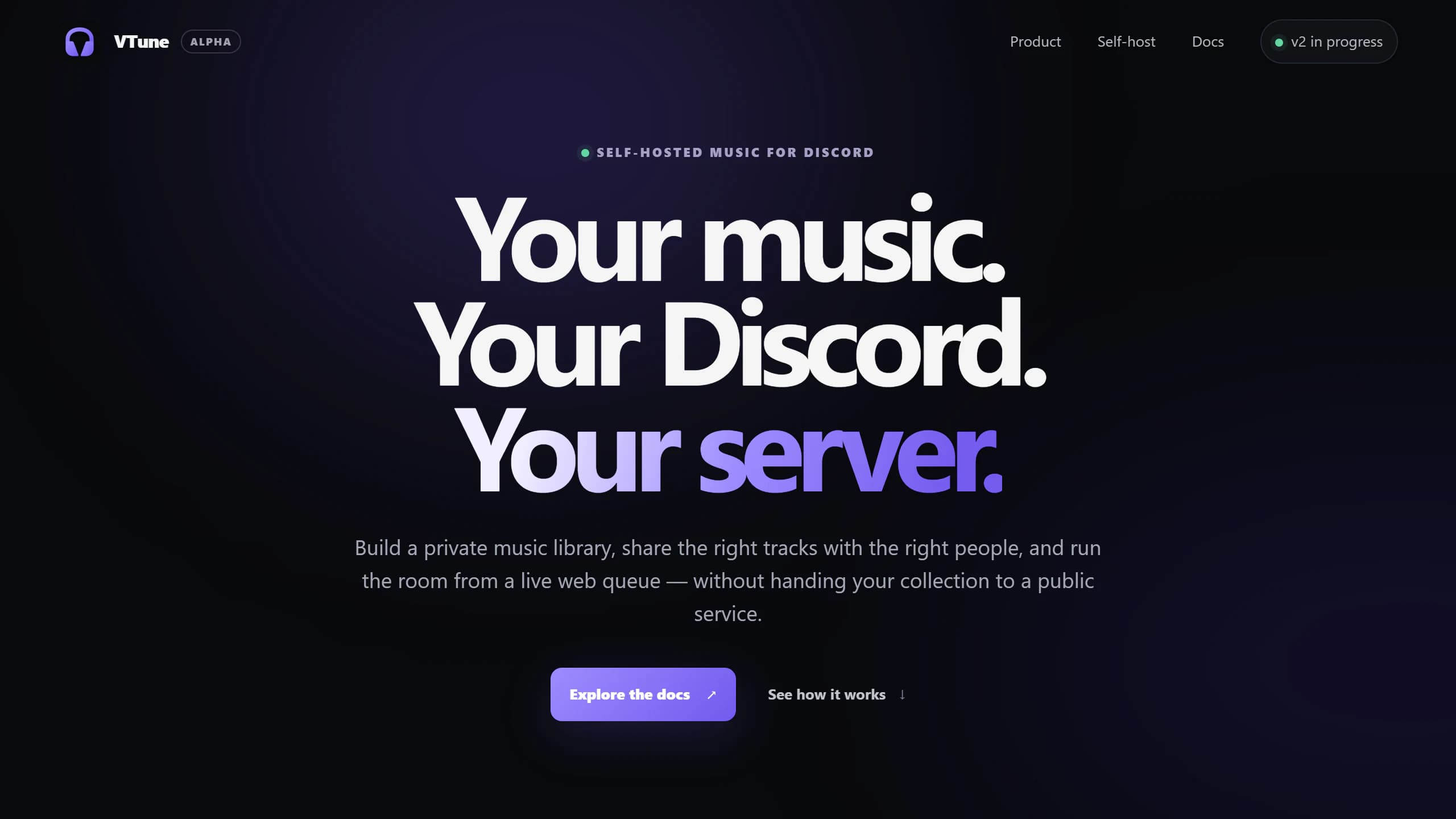 VTune public website introducing private music libraries for Discord and its alpha status.