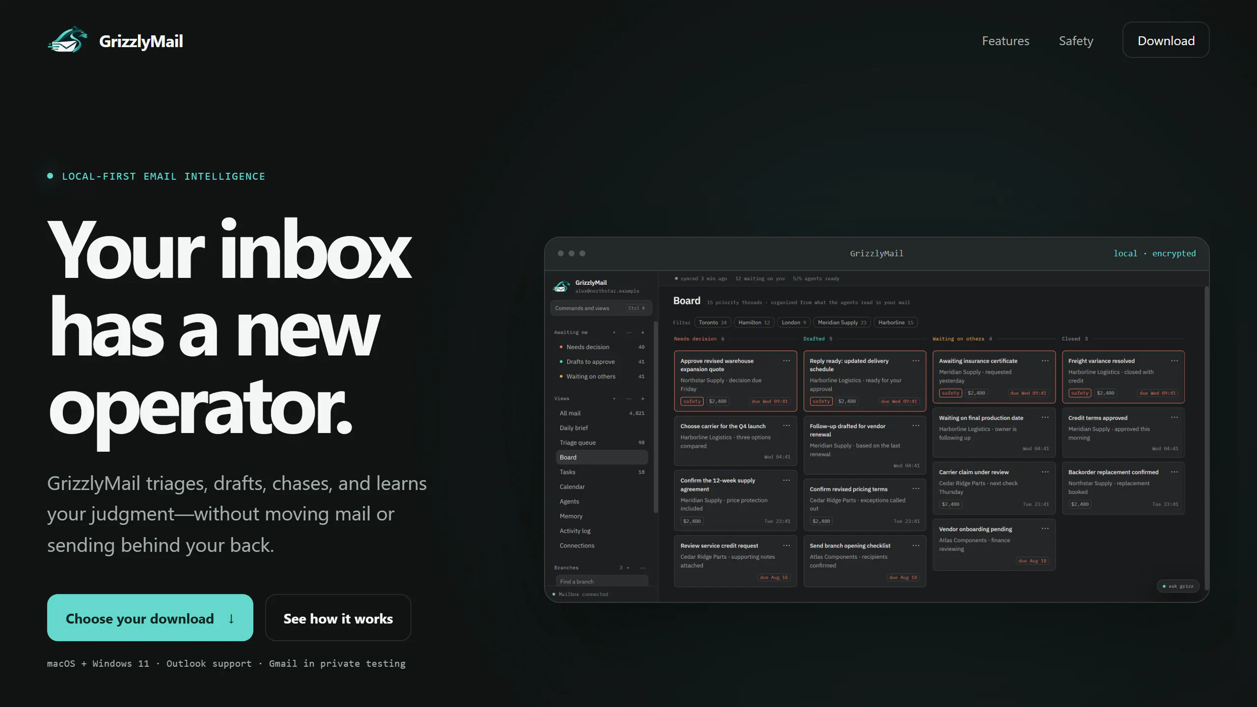 GrizzlyMail public website showing download availability and a desktop board preview.